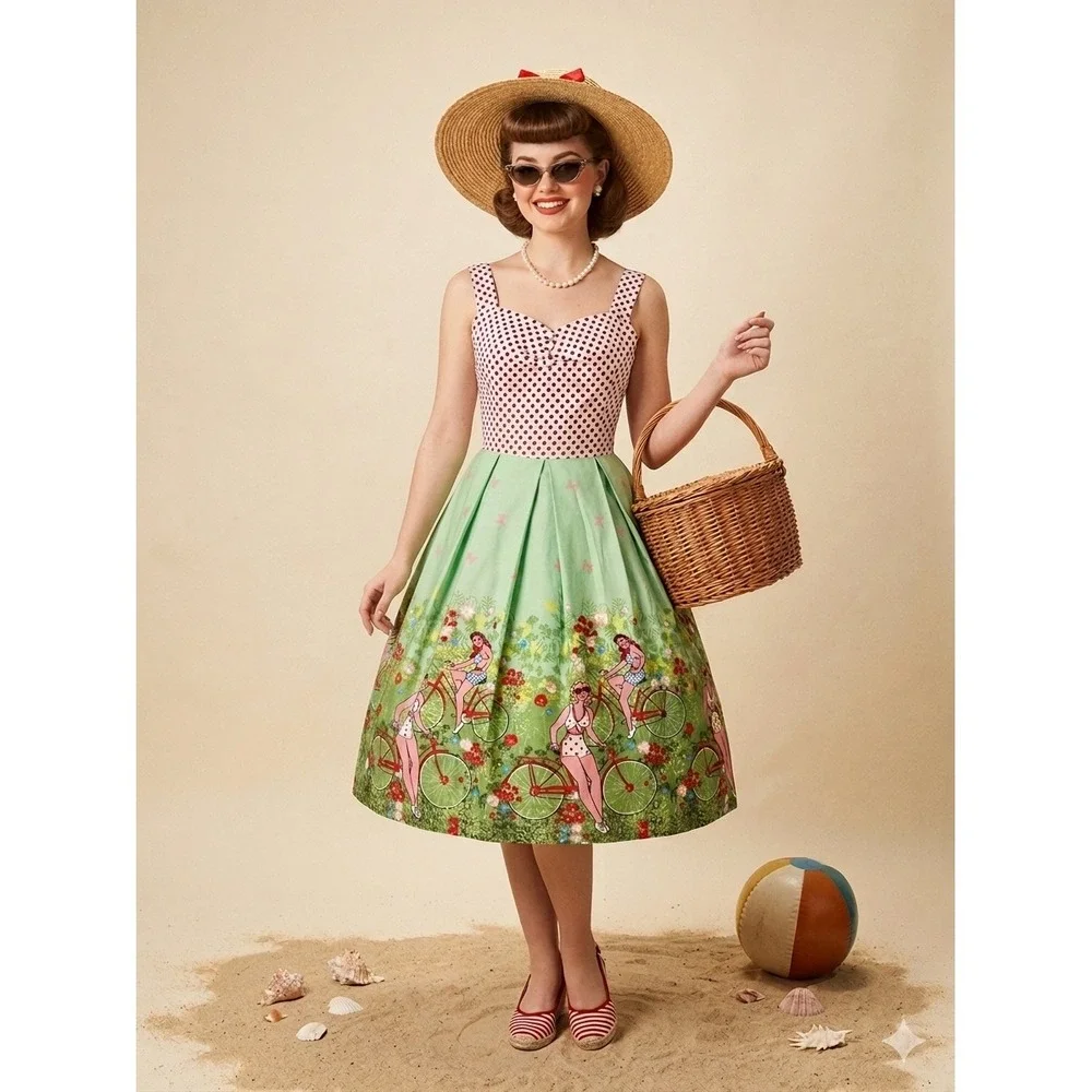 Retro 1950s Style Polka Dot Bicycle Print Swing Dress Green Red Small‎